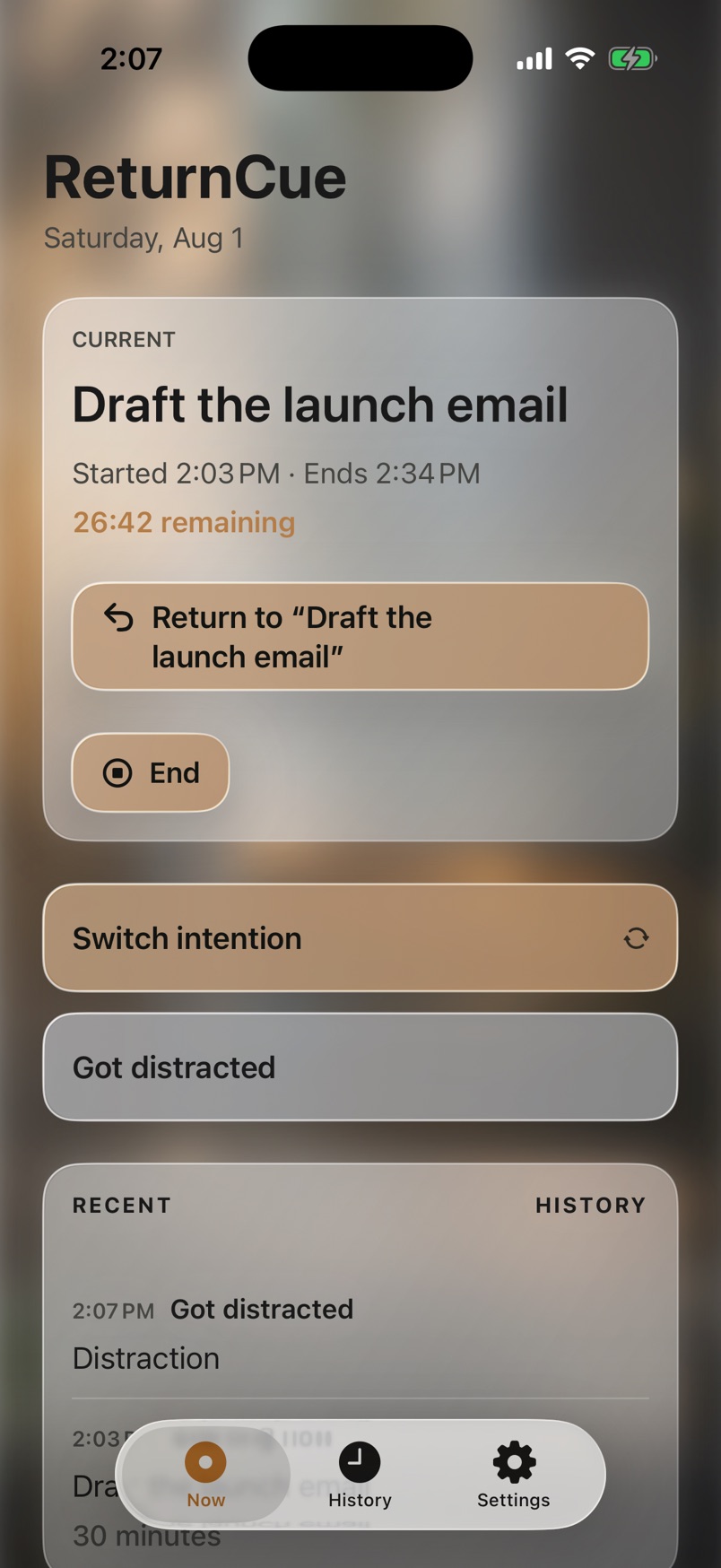 A marked distraction with Undo and Add details, while the intention keeps running