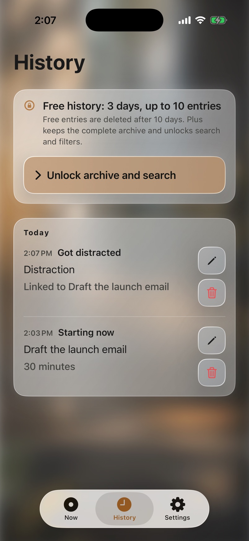 History list showing intention and distraction entries from today