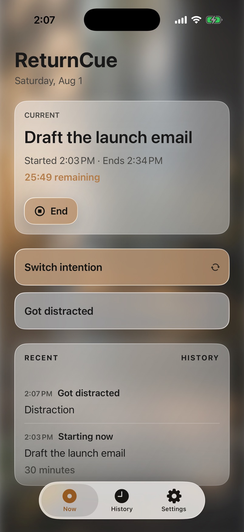ReturnCue Now screen with the current intention, time remaining, and recent entries