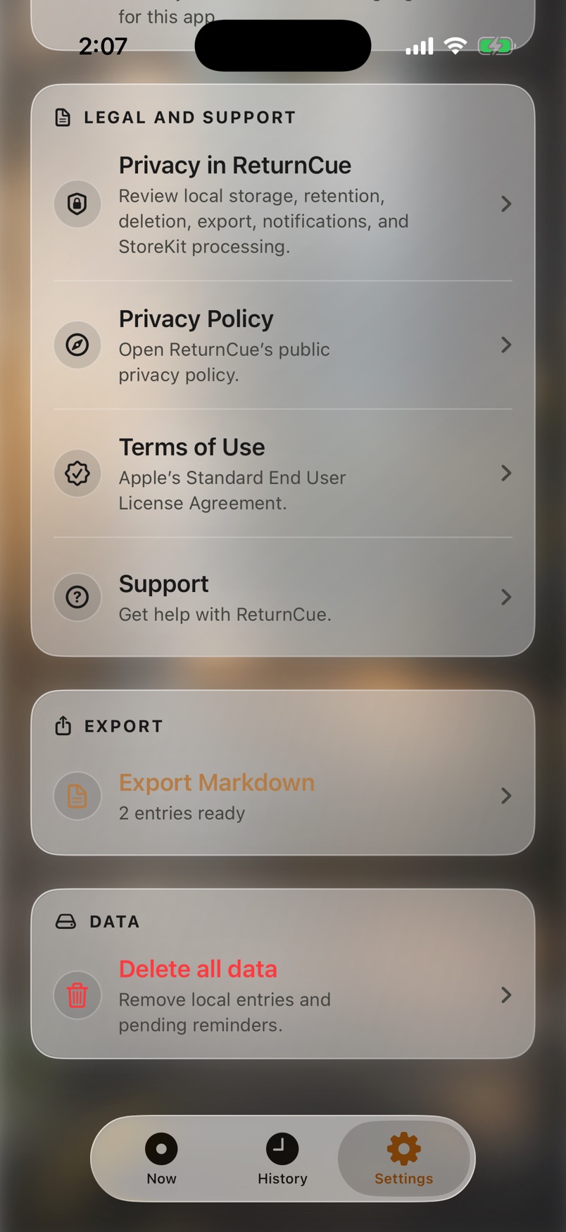 Settings with privacy explanations, Markdown export, and delete all data